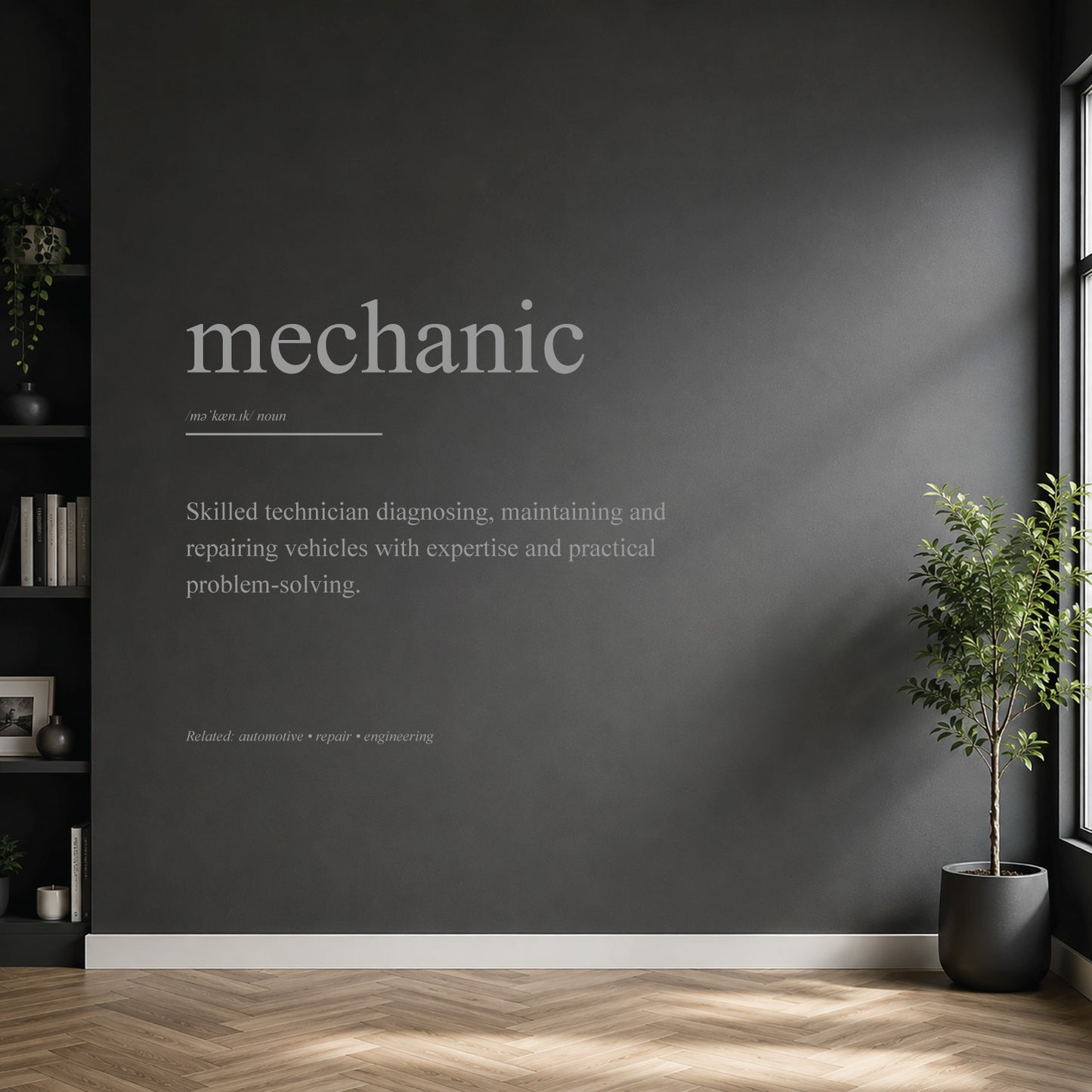 White mechanic definition wall sticker on a dark modern wall.
