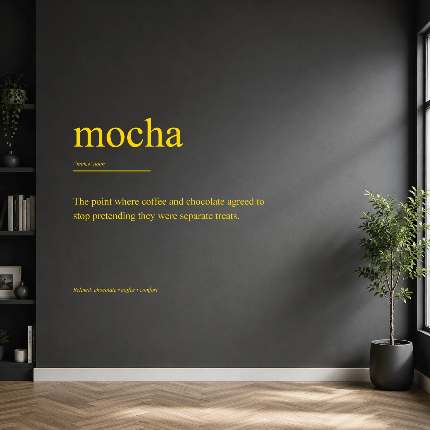 White mocha dictionary definition wall sticker on a modern kitchen or home bar wall.
