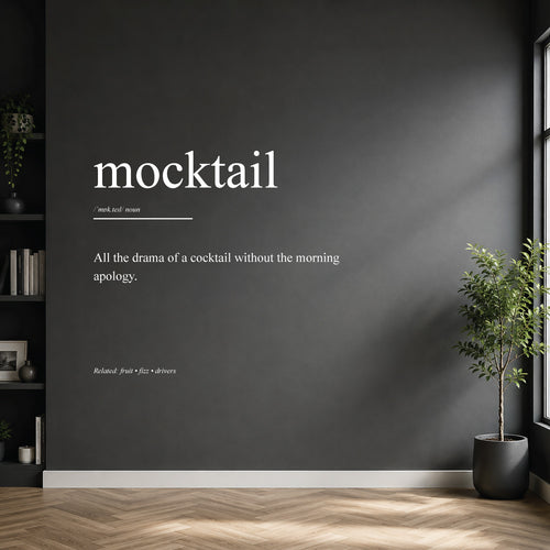 White mocktail dictionary definition wall sticker on a modern kitchen or home bar wall.