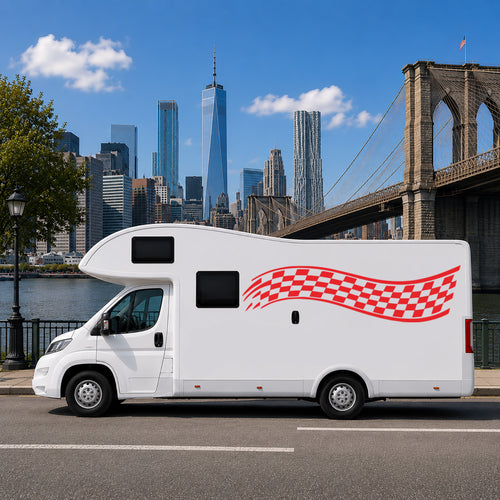 Red Wave Chequered Motorhome Graphics – Campervan Side Vinyl Decals