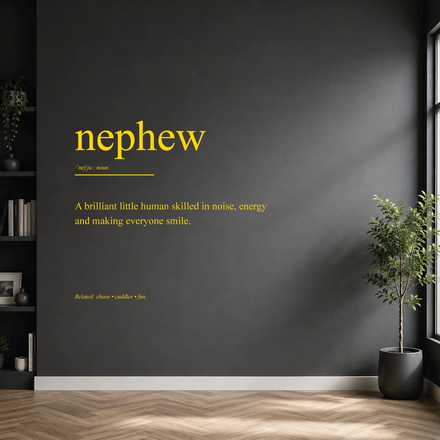 White nephew dictionary definition wall sticker on a dark modern wall.