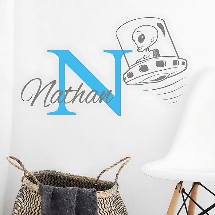 Personalised Alien UFO Initial Name Wall Stickers & Decals for Kids