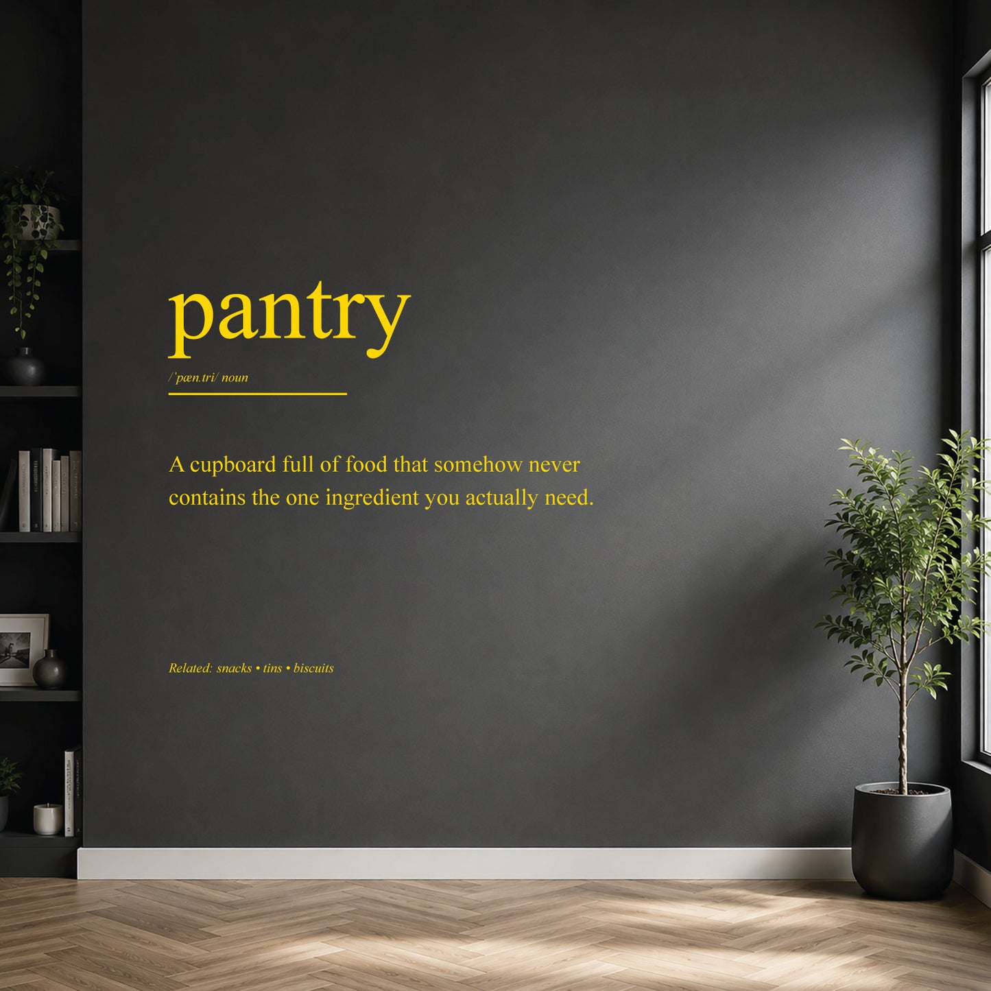 White pantry definition wall sticker on a dark modern wall.