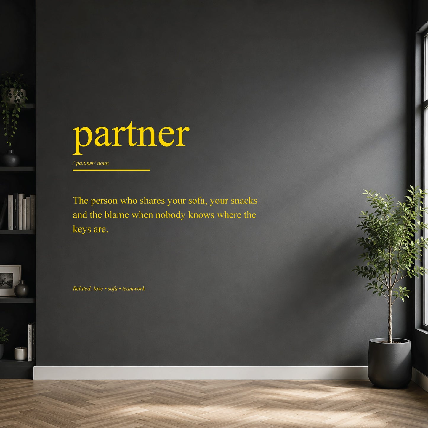 White partner dictionary definition wall sticker on a dark modern wall.