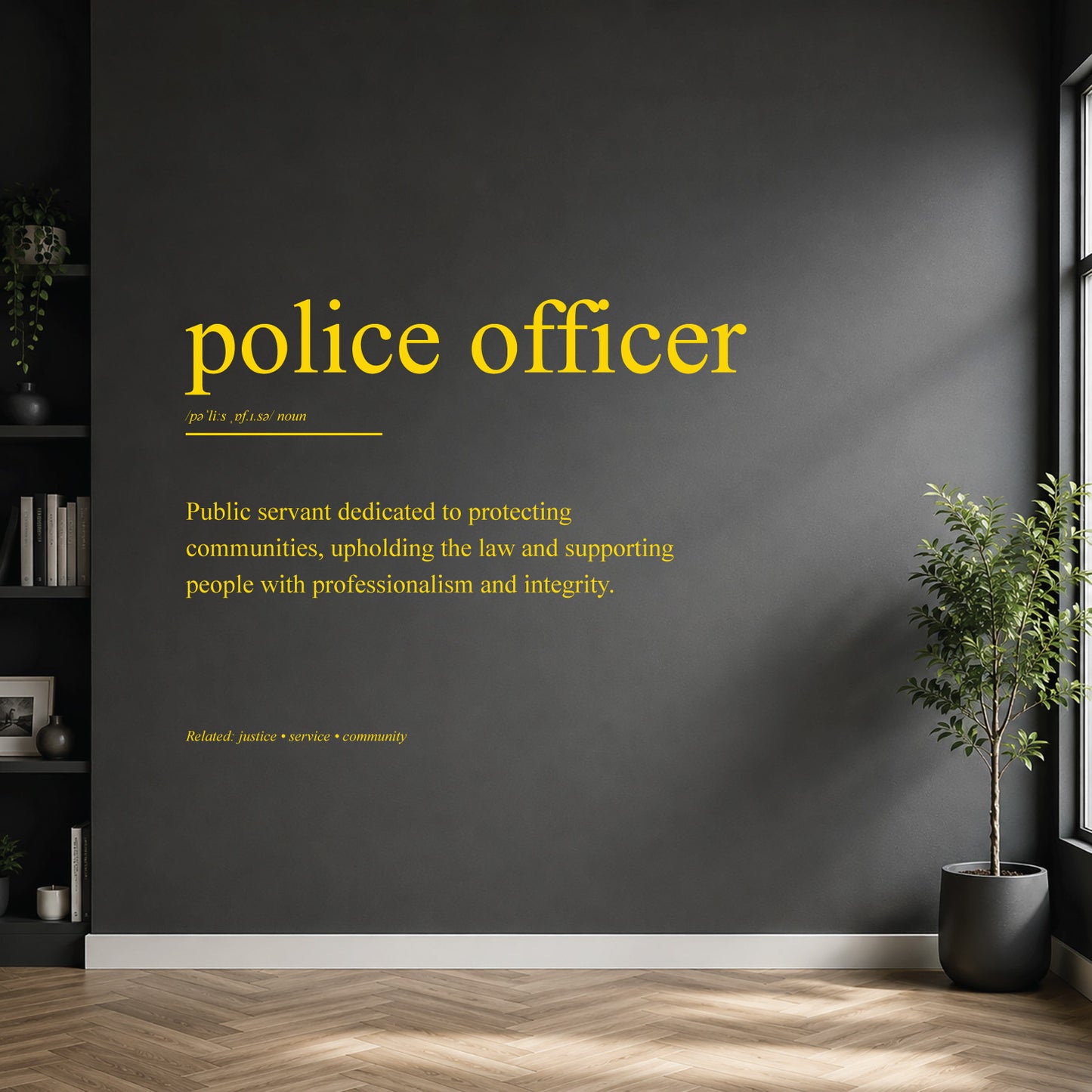 White police officer definition wall sticker on a dark modern wall.