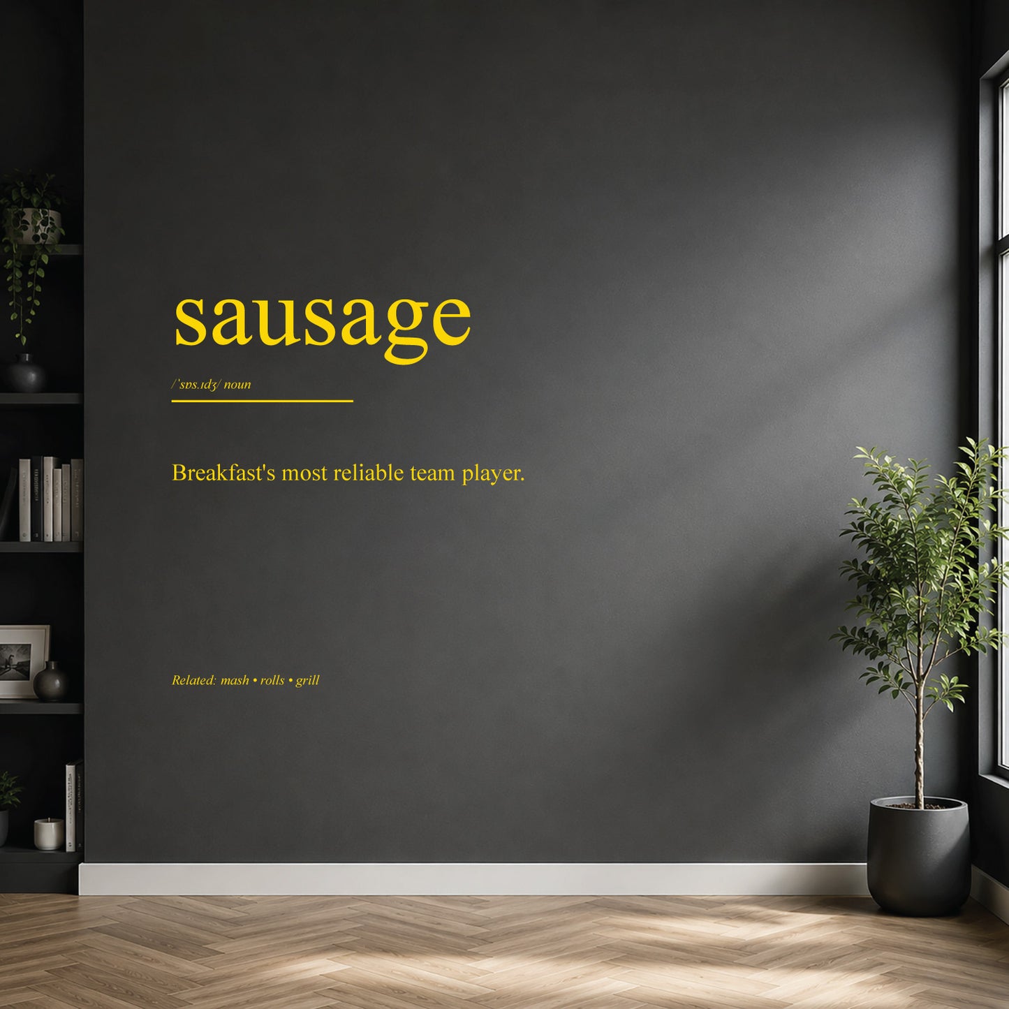 White sausage dictionary definition wall sticker on a modern kitchen wall.