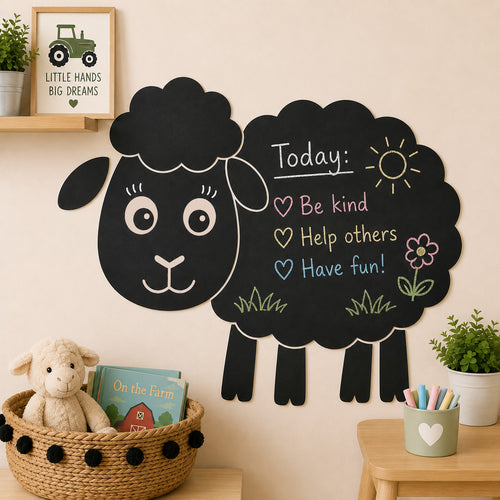 Sheep chalkboard wall sticker in nursery with kids chalk doodles and farm décor