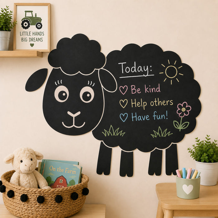 Sheep chalkboard wall sticker in nursery with kids chalk doodles and farm décor