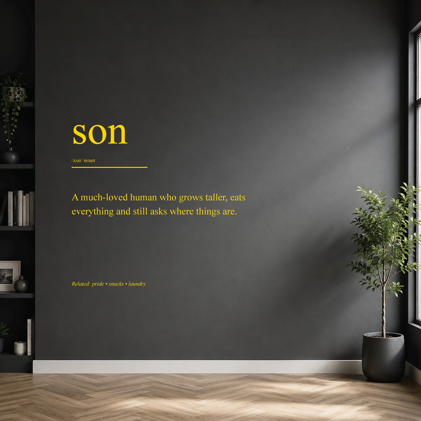 White son dictionary definition wall sticker on a dark modern wall.