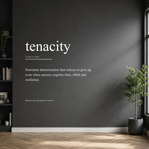 White tenacity definition wall sticker on a dark modern wall.