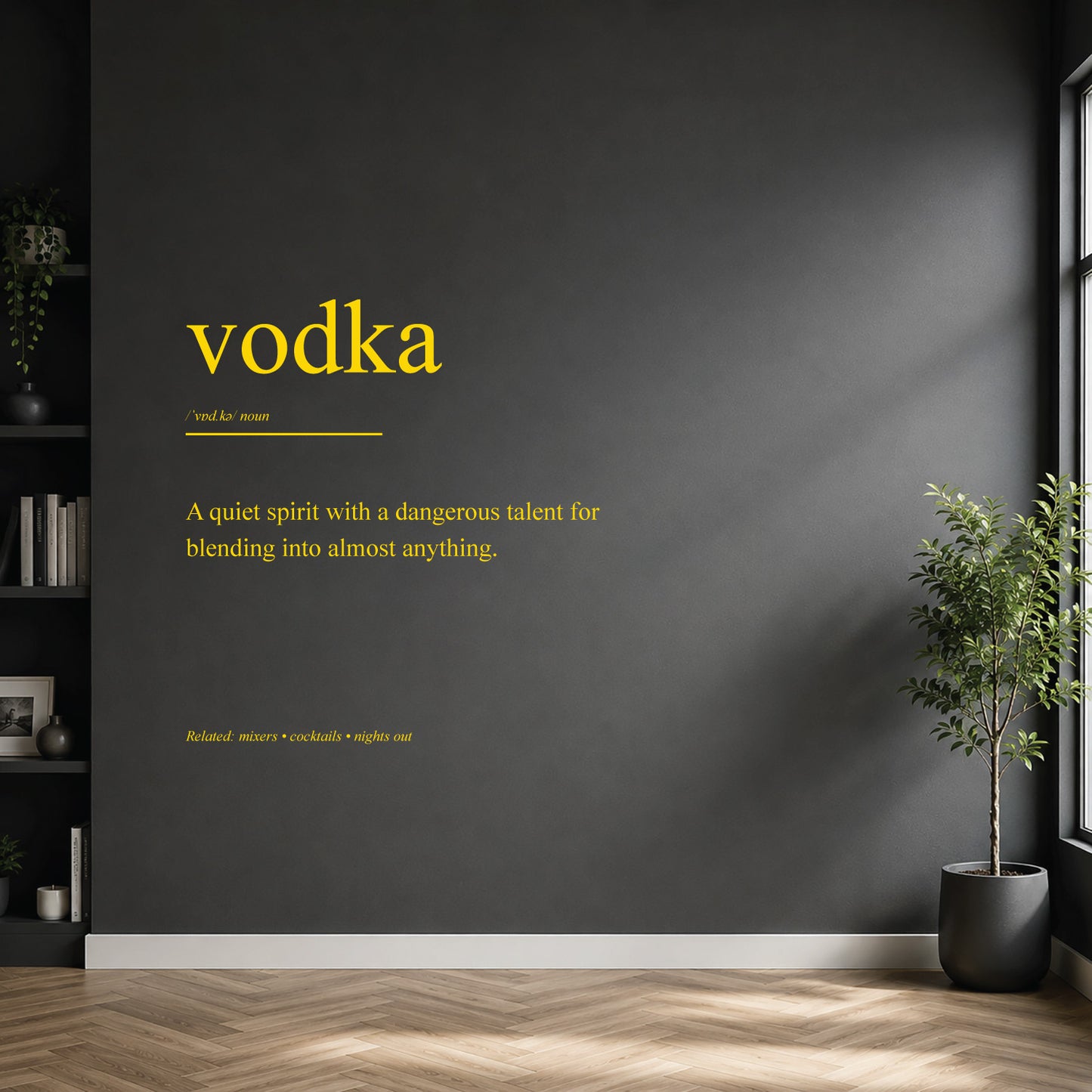 White vodka dictionary definition wall sticker on a modern kitchen or home bar wall.