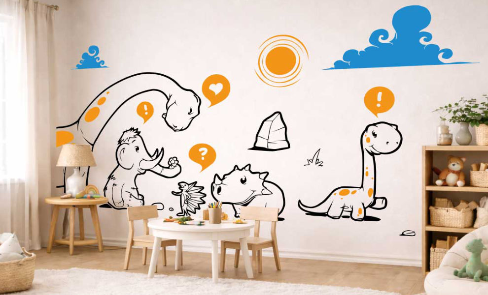 Dinosaur nursery wall stickers on a baby's bedroom wall, featuring cute cartoon dinosaurs in blacks and oranges
