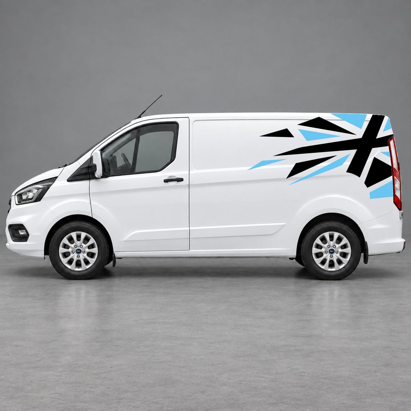 Ford Transit Custom Shattered Union Jack Side Graphics in Light Blue & Black