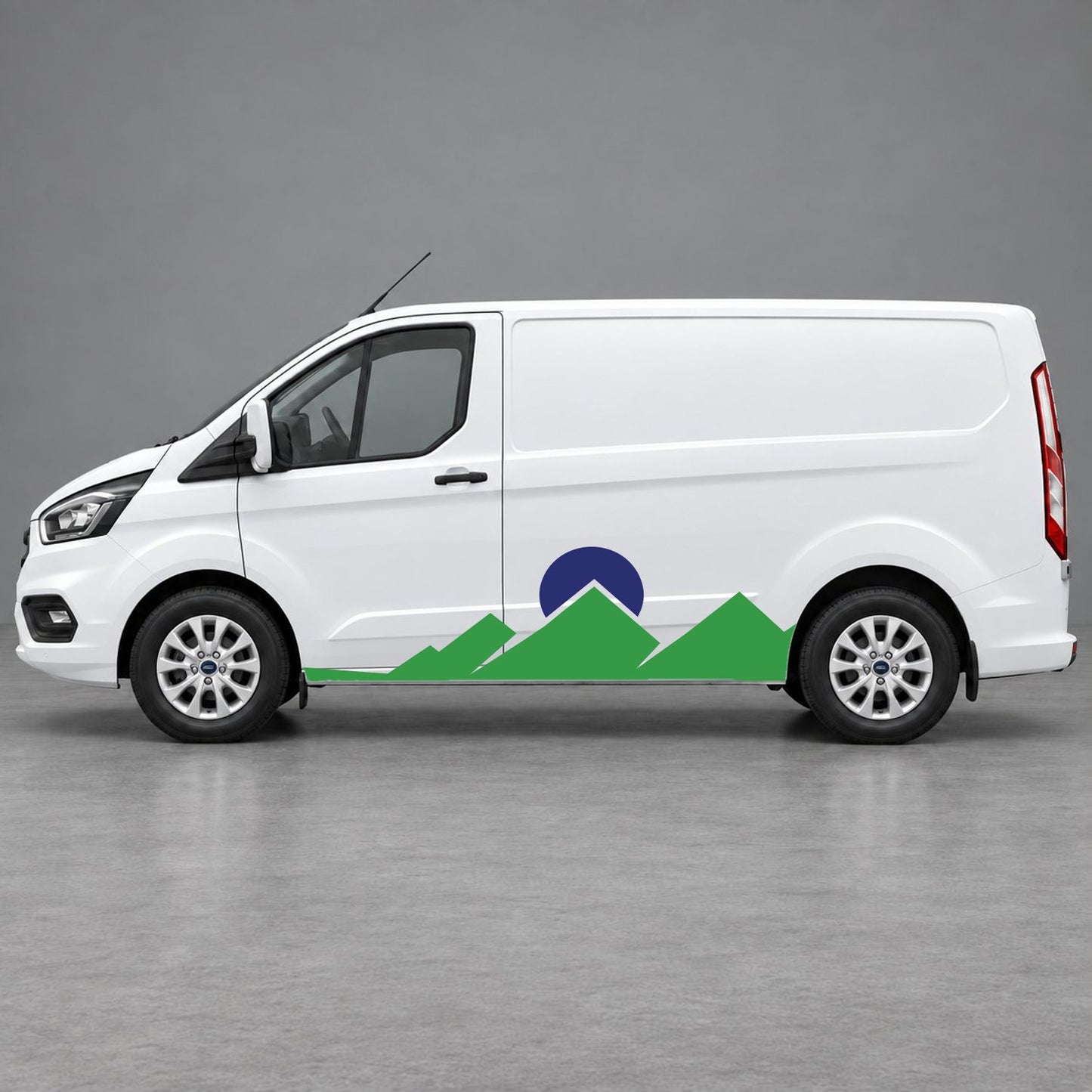 Ford Transit Custom Minimal Mountain Peak Side Graphics in Green & Navy Blue