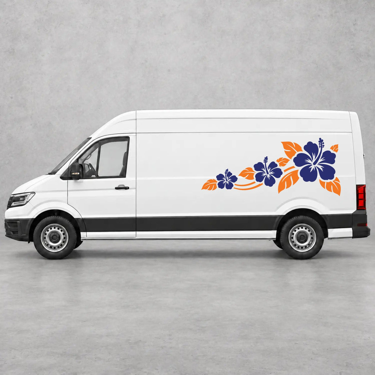 VW Crafter Hibiscus Flower Trail Side Graphics in Orange & Navy Blue