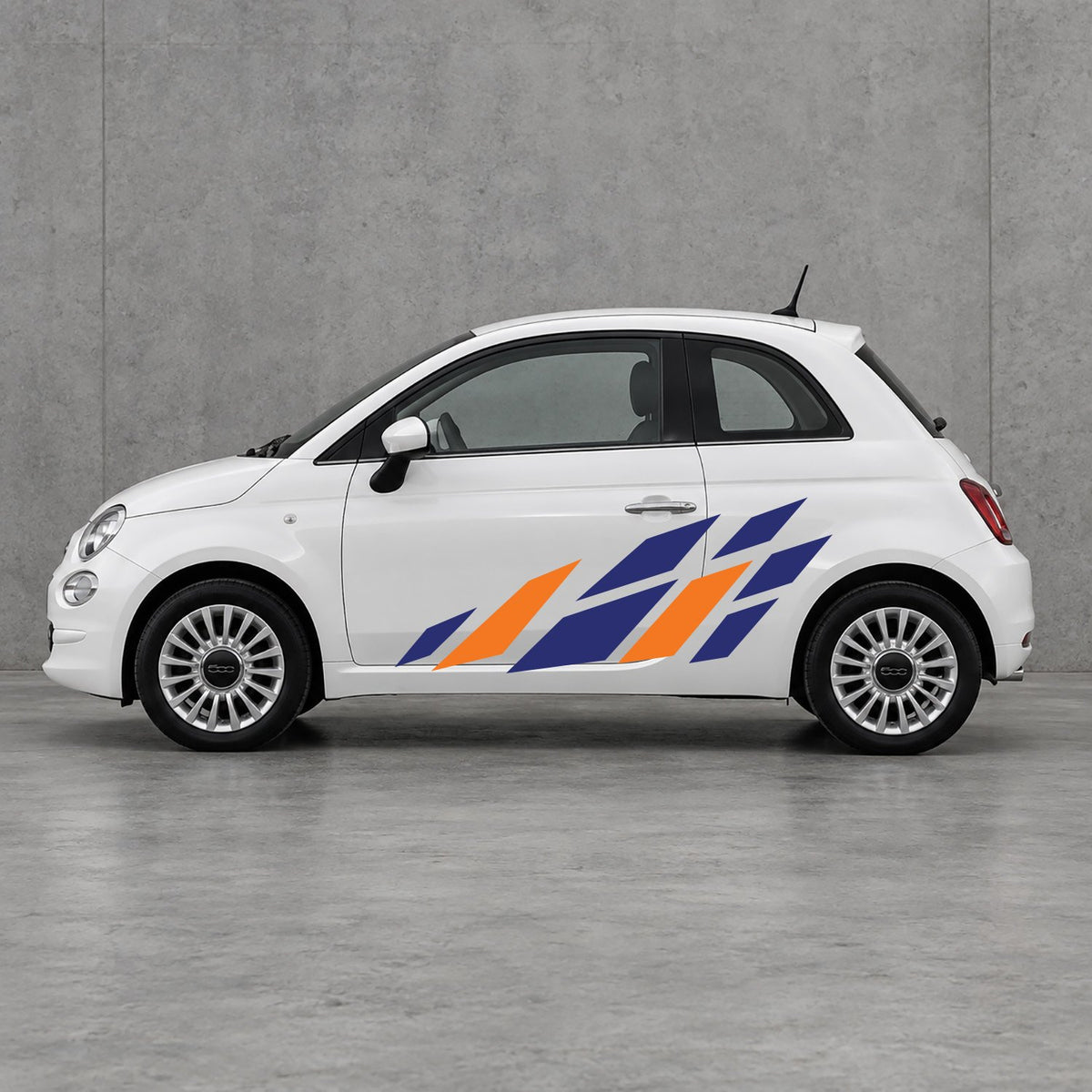 Fiat 500 Racing Flag Side Graphics Kit - Pair Supplied in Navy Blue & Orange