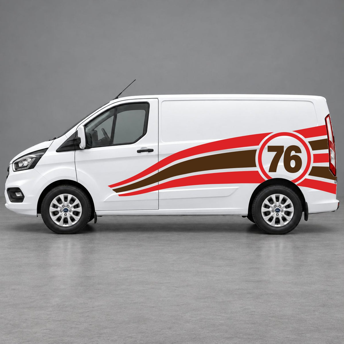 Ford Transit Custom Personalised Number 76 Racing Side Graphics in Red & Brown