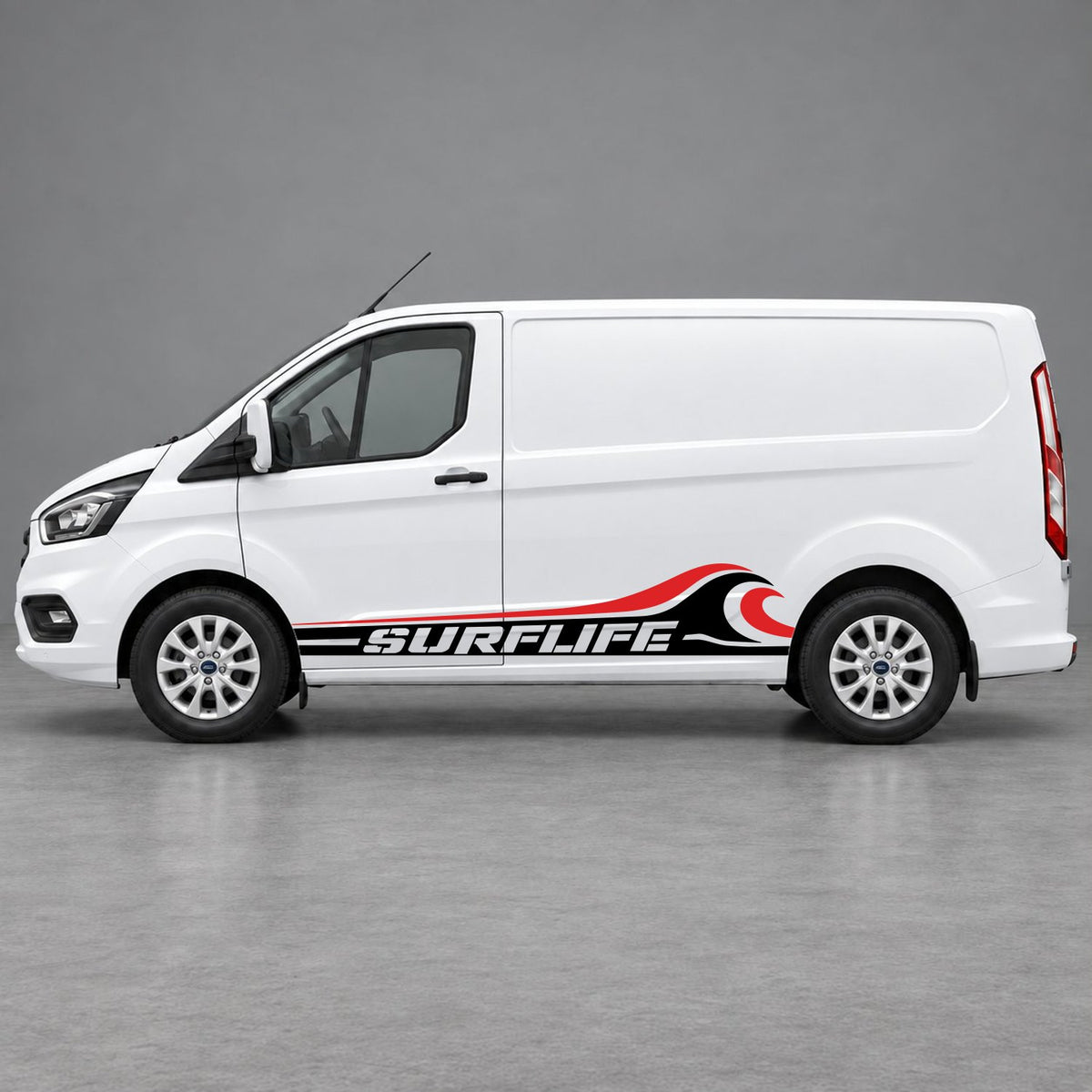 Ford Transit Custom Surflife Wave Side Stripes in Black & Red