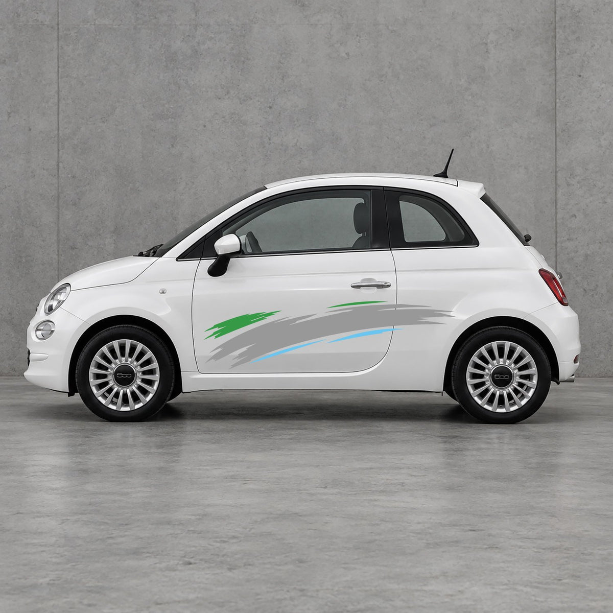 Fiat 500 Italian Green Brush Side Graphics Kit - Pair Supplied in Grey & Light Blue