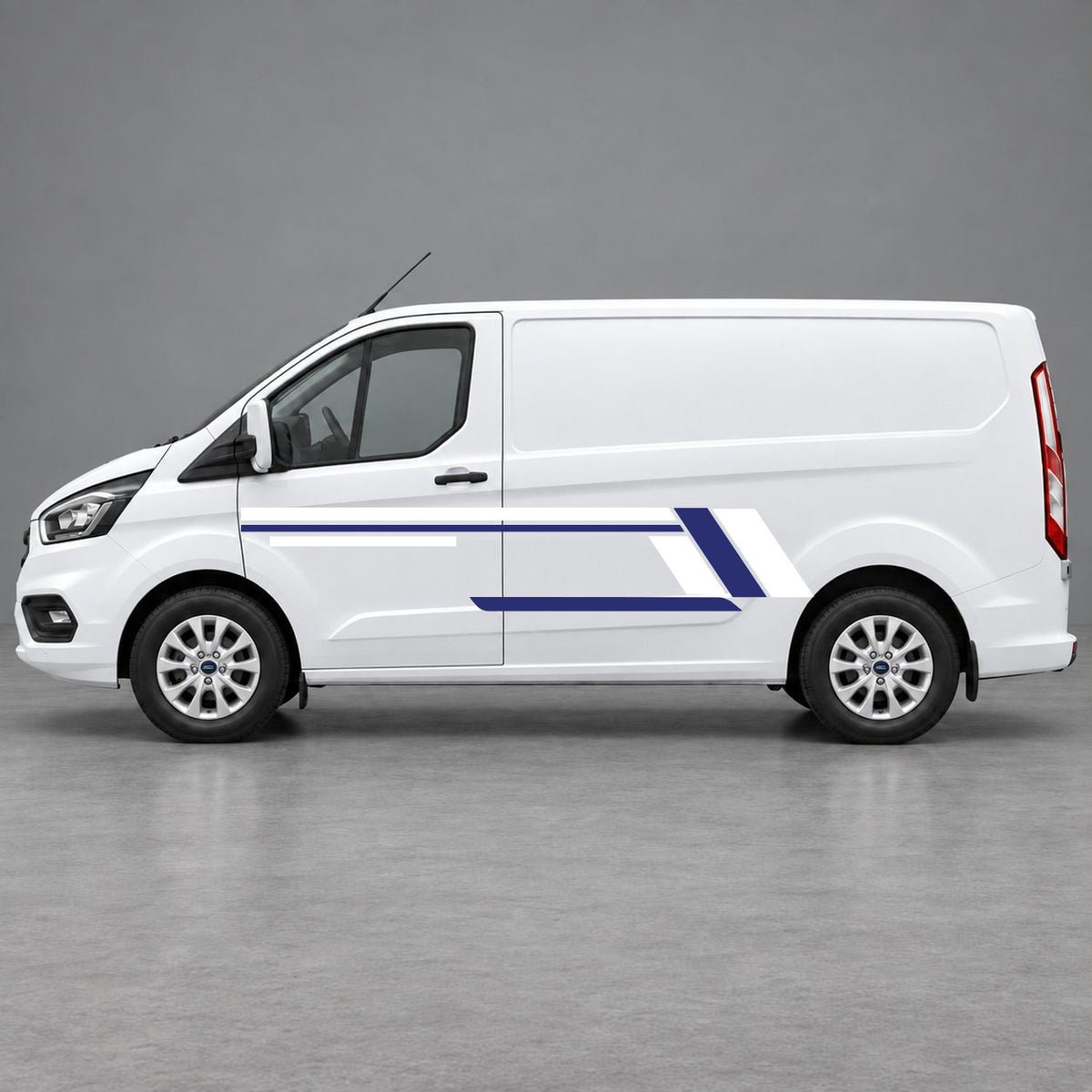 Ford Transit Custom Geometric Outline Side Stripes in White & Navy Blue