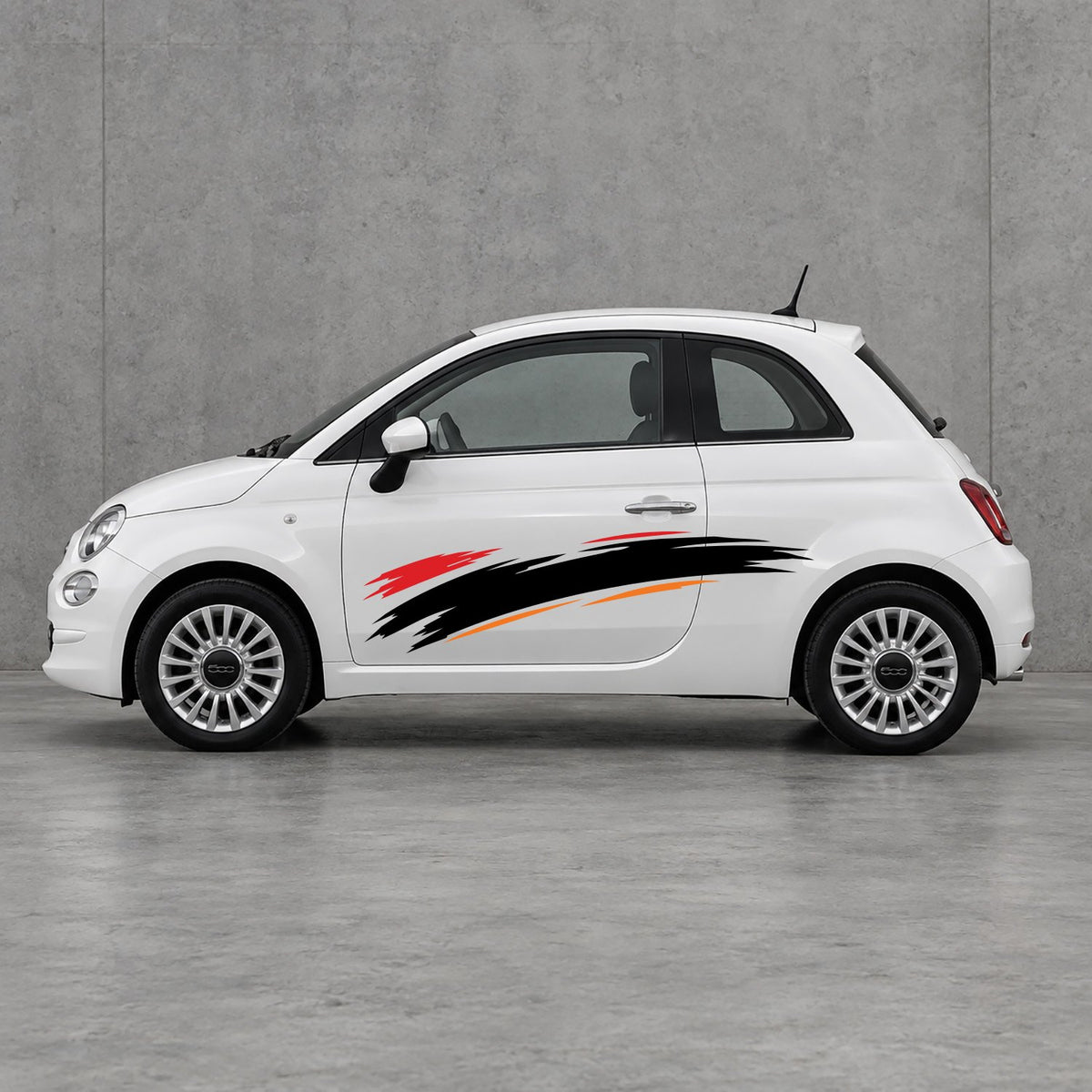 Fiat 500 Italian Red Brush Side Graphics Kit - Pair Supplied in Orange & Black
