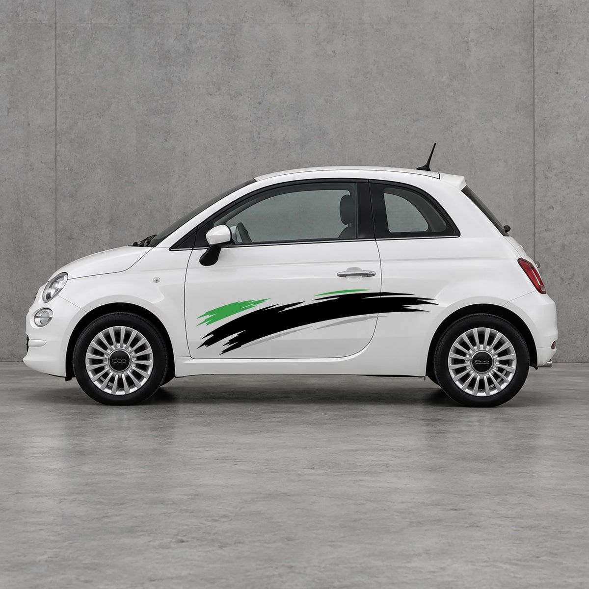 Fiat 500 Italian Green Brush Side Graphics Kit - Pair Supplied in Black & Grey