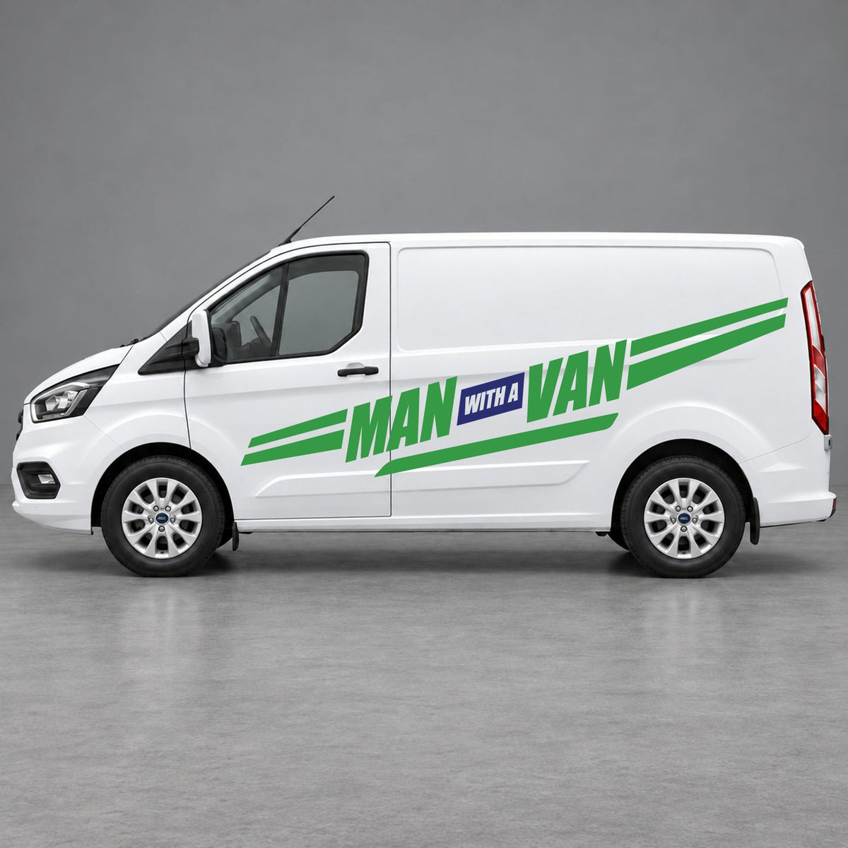 Ford Transit Custom Man with a Van Side Stripes in Green & Navy Blue