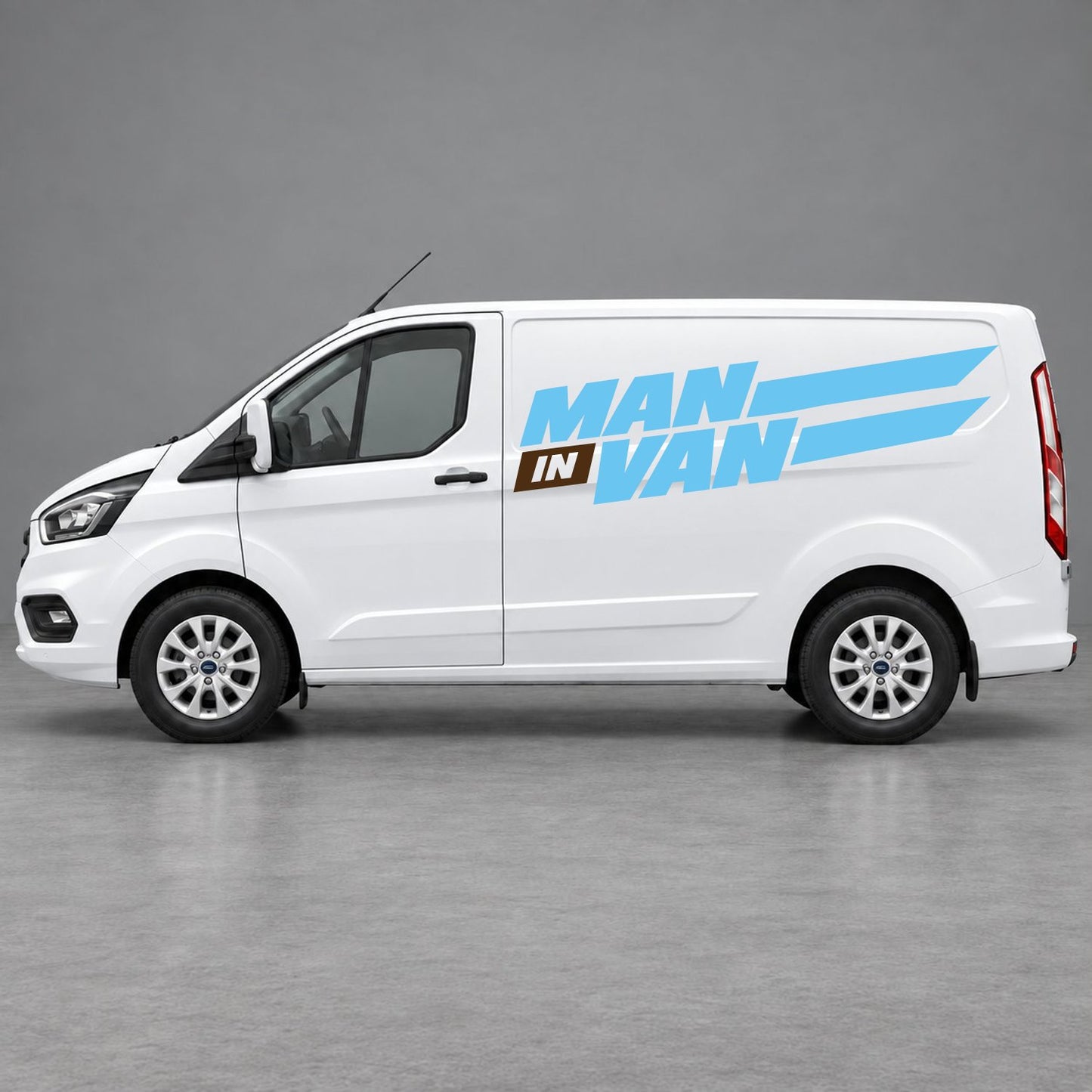 Ford Transit Custom Man in Van Side Stripes in Light Blue & Brown