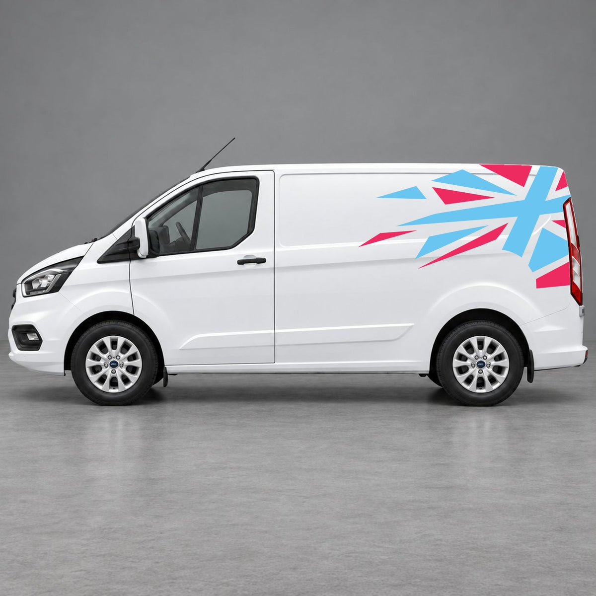 Ford Transit Custom Shattered Union Jack Side Graphics in Pink & Light Blue