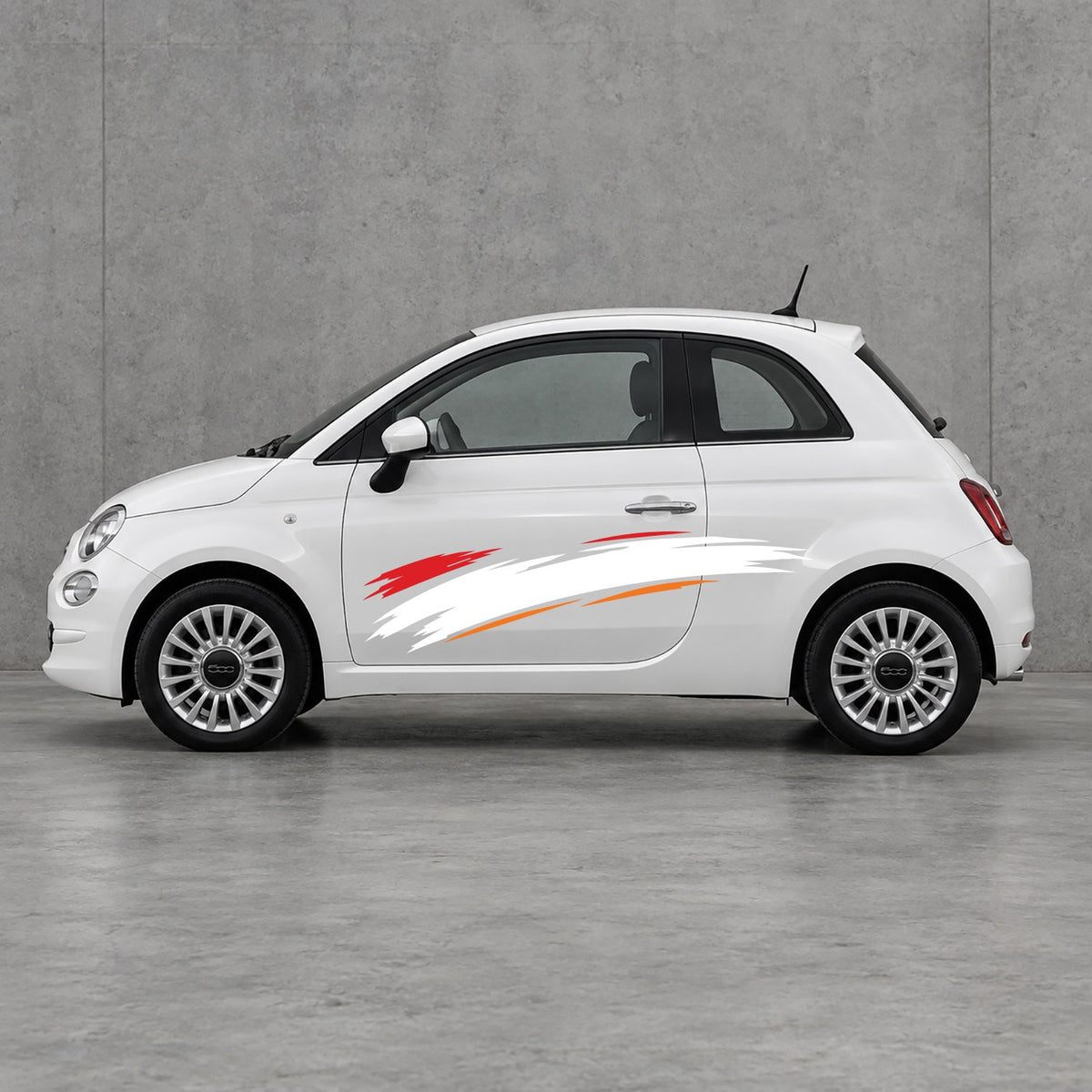 Fiat 500 Italian Red Brush Side Graphics Kit - Pair Supplied in Orange & White