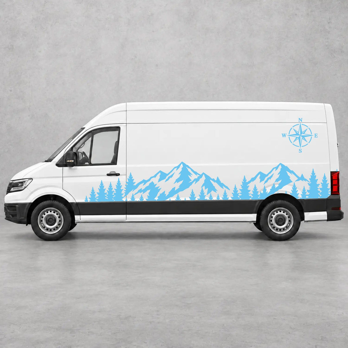 VW Crafter Mountain Forest & Compass Side Graphics in Light Blue