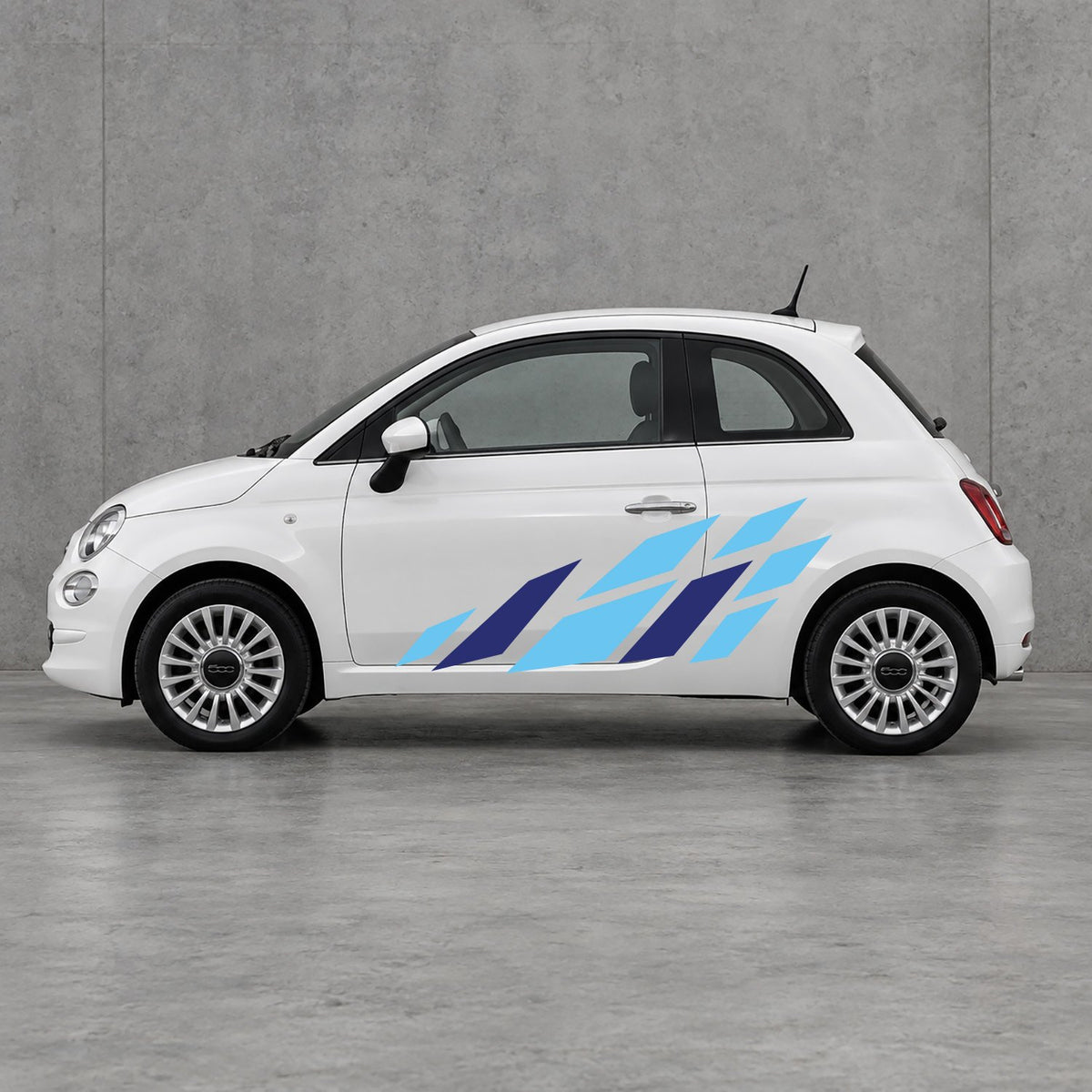 Fiat 500 Racing Flag Side Graphics Kit - Pair Supplied in Light Blue & Navy Blue