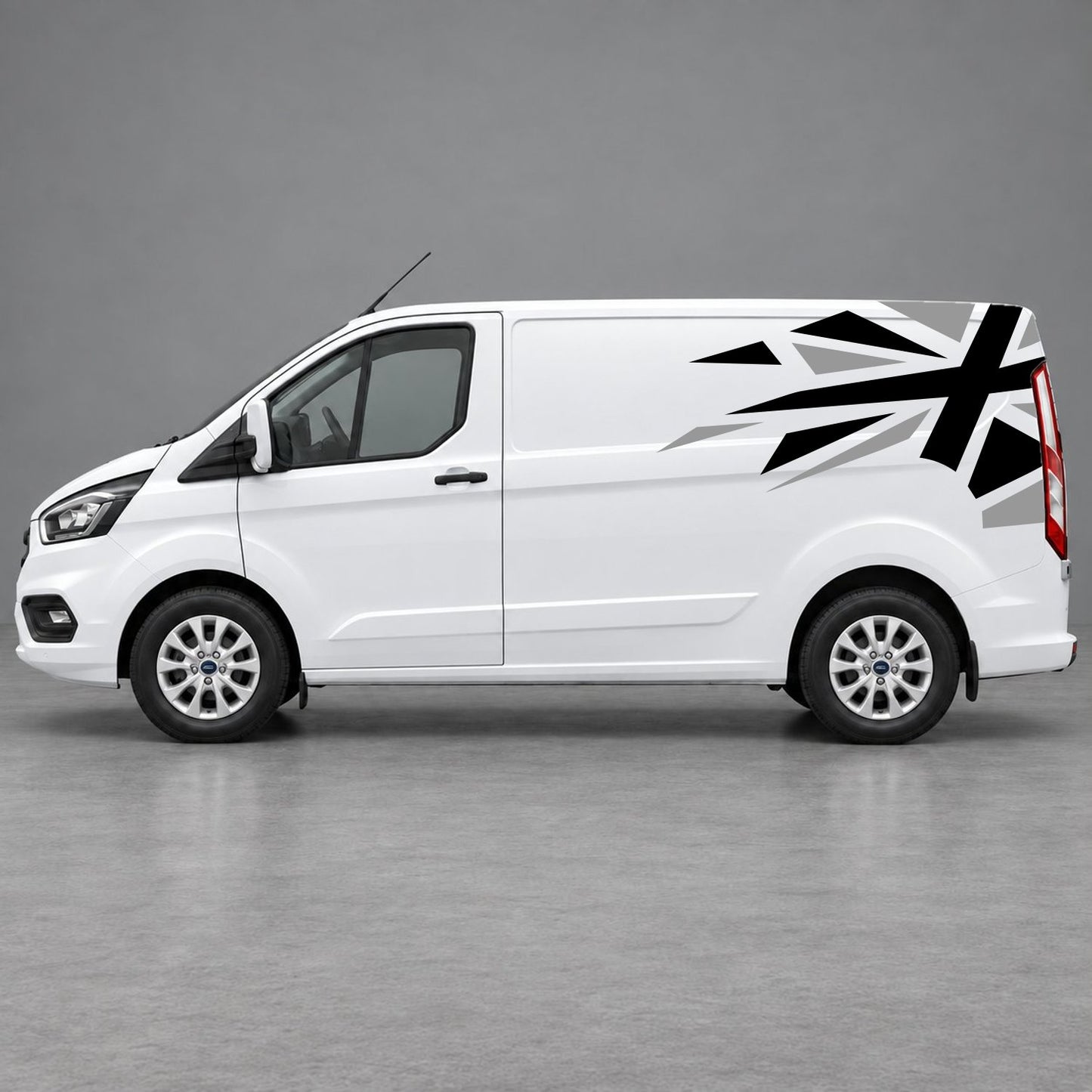 Ford Transit Custom Shattered Union Jack Side Graphics in Grey & Black