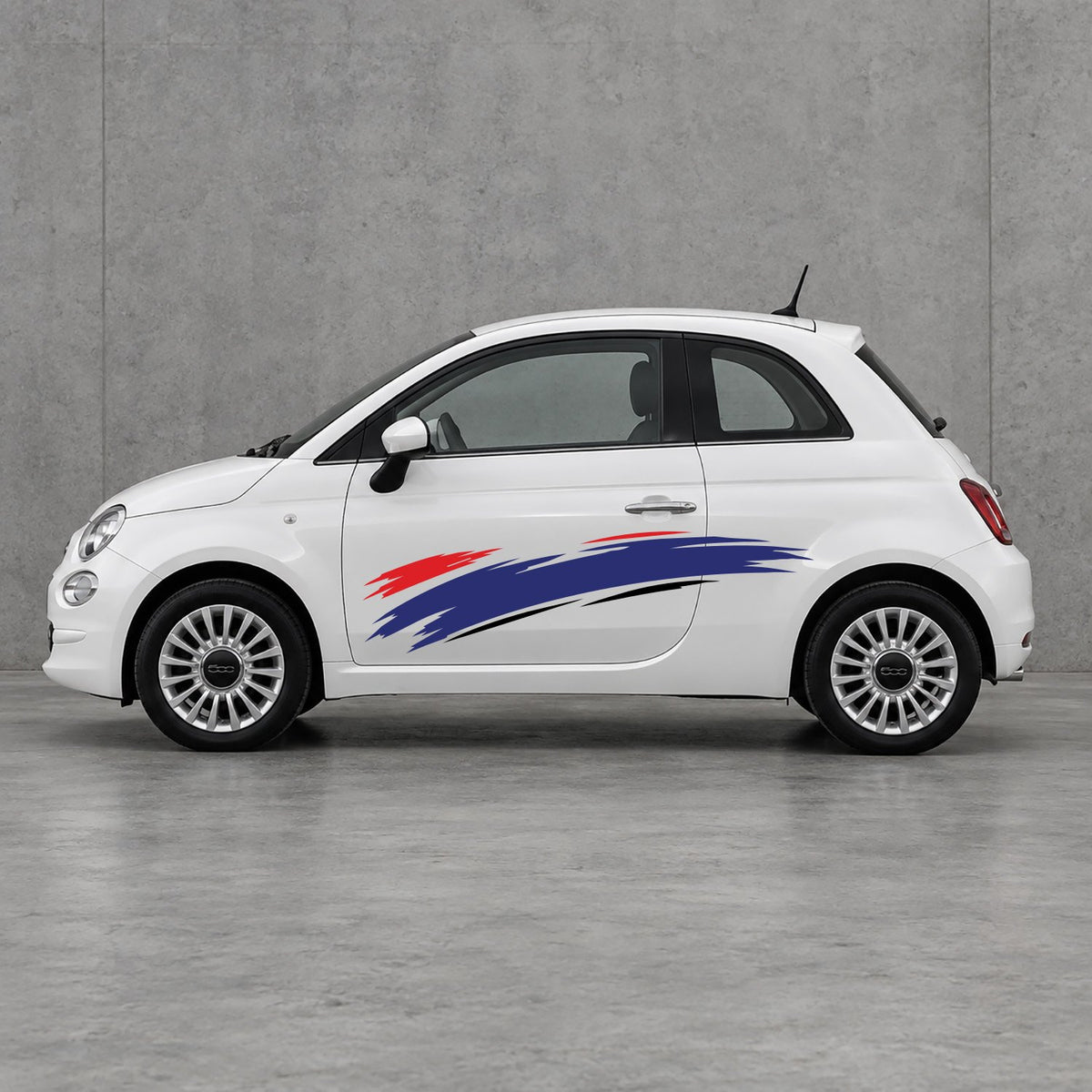 Fiat 500 Italian Red Brush Side Graphics Kit - Pair Supplied in Black & Navy Blue