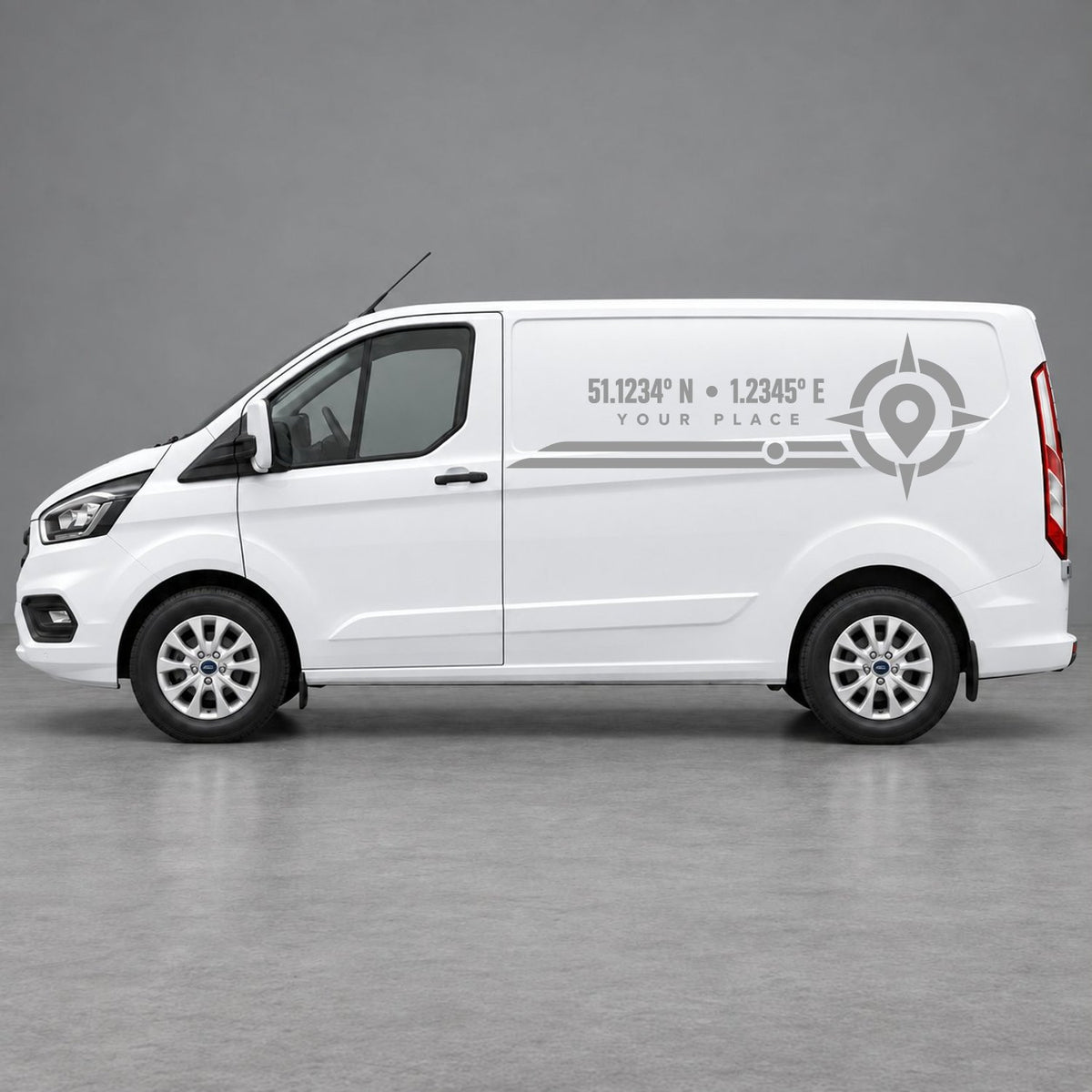 Ford Transit Custom Personalised Coordinates & Compass Side Graphics in Grey