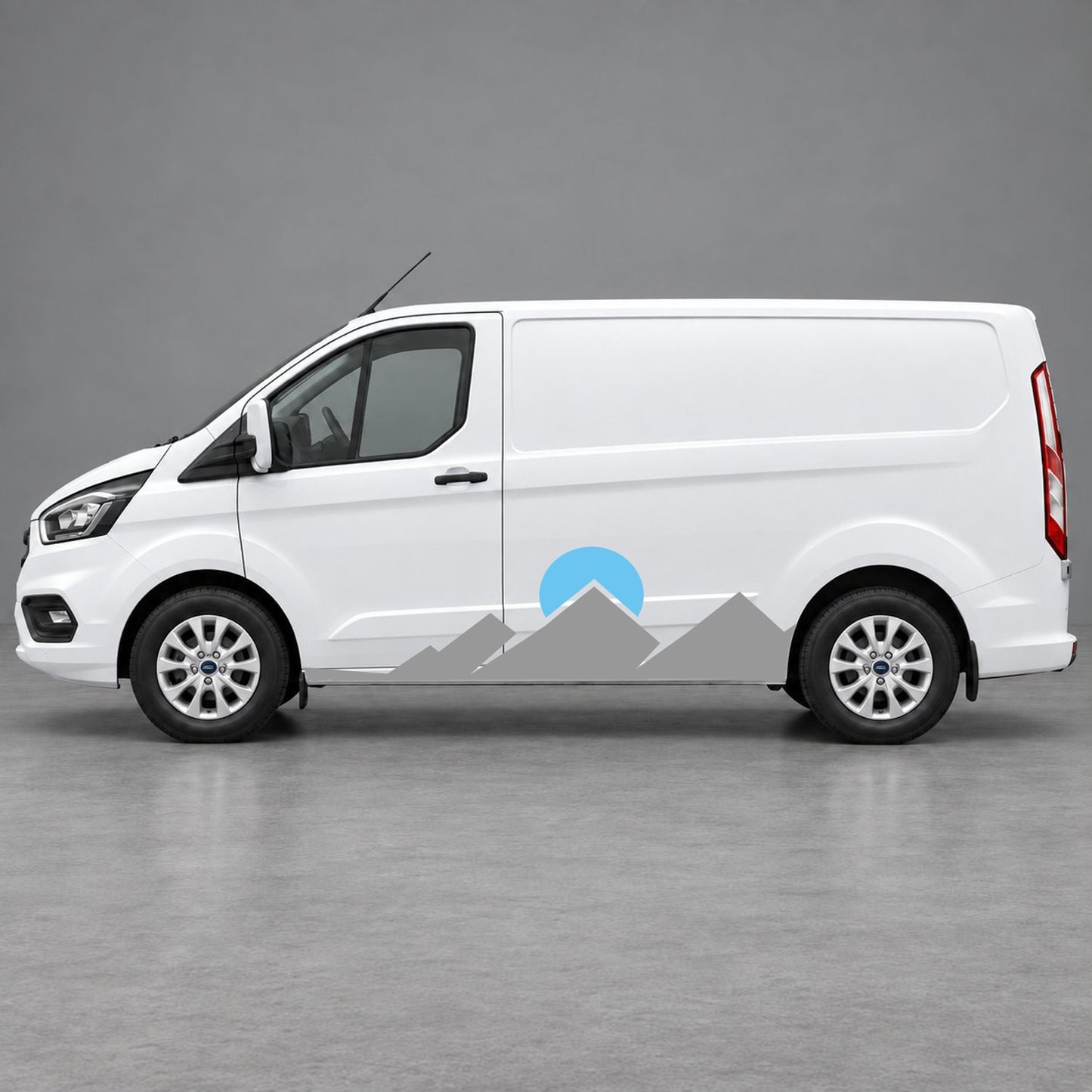 Ford Transit Custom Minimal Mountain Peak Side Graphics in Grey & Light Blue