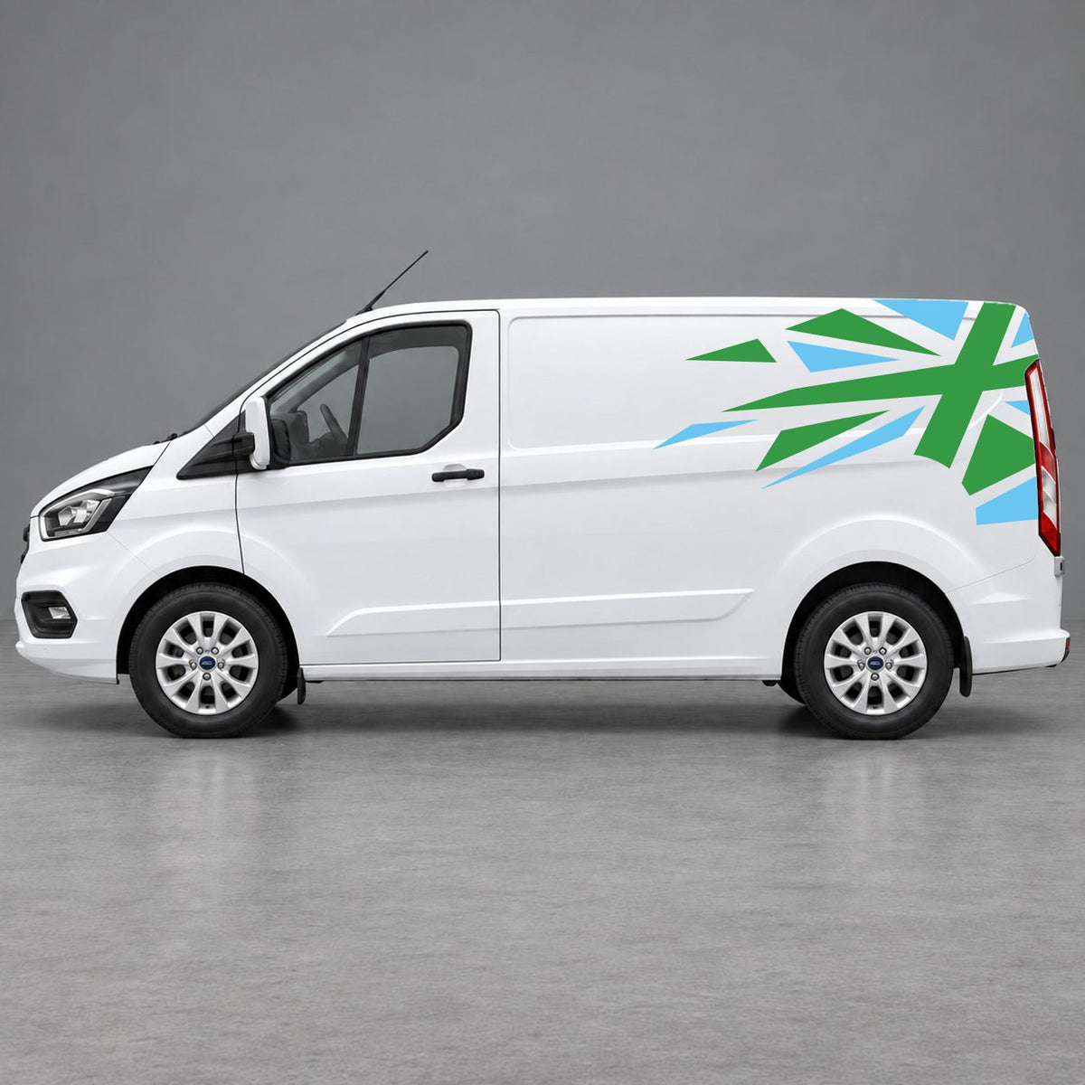Ford Transit Custom Shattered Union Jack Side Graphics in Light Blue & Green