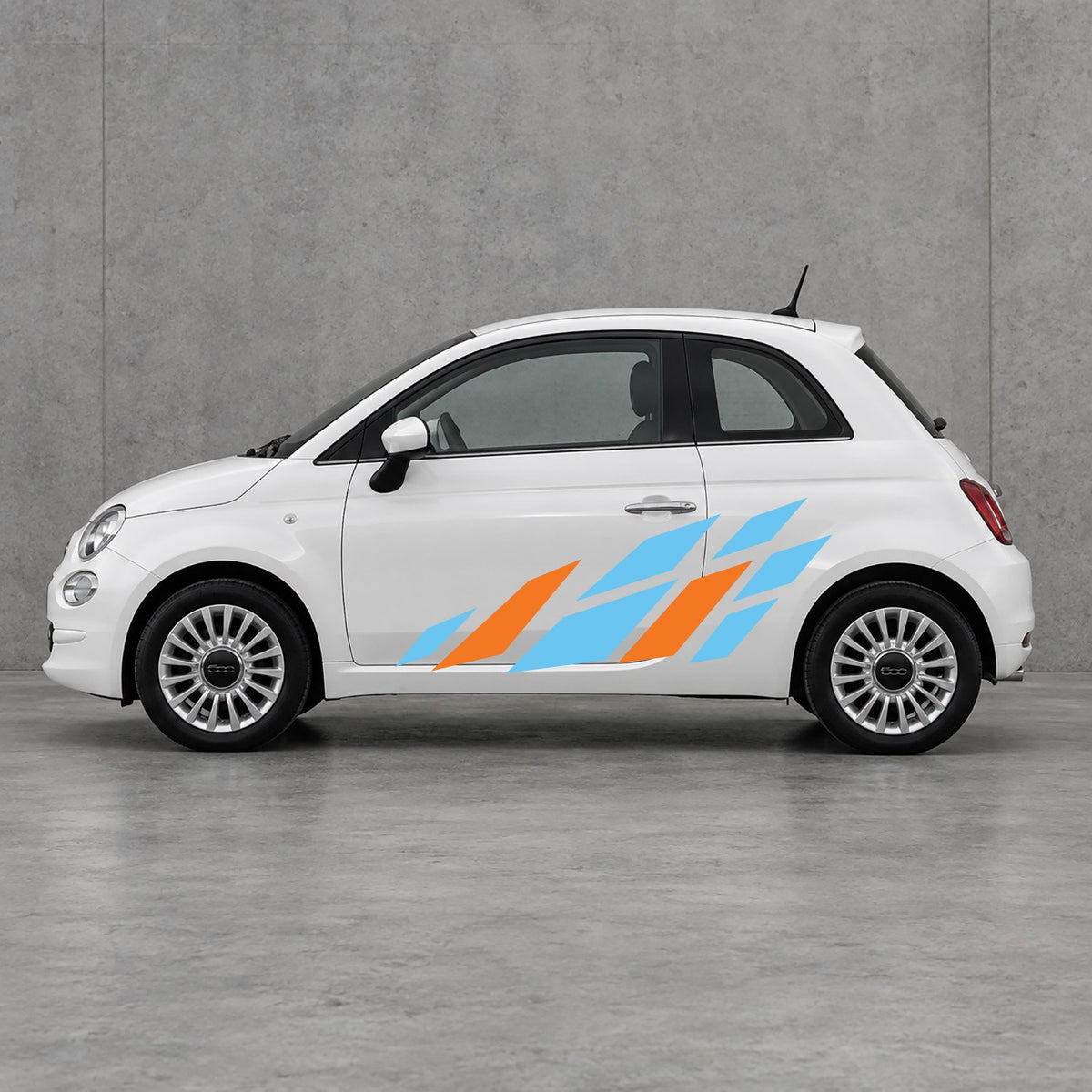 Fiat 500 Racing Flag Side Graphics Kit - Pair Supplied in Light Blue & Orange