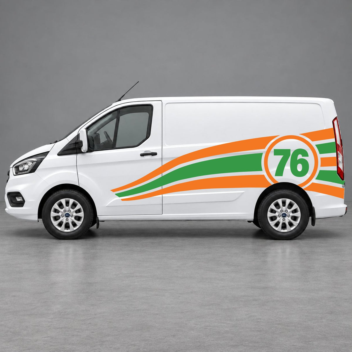 Ford Transit Custom Personalised Number 76 Racing Side Graphics in Orange & Green