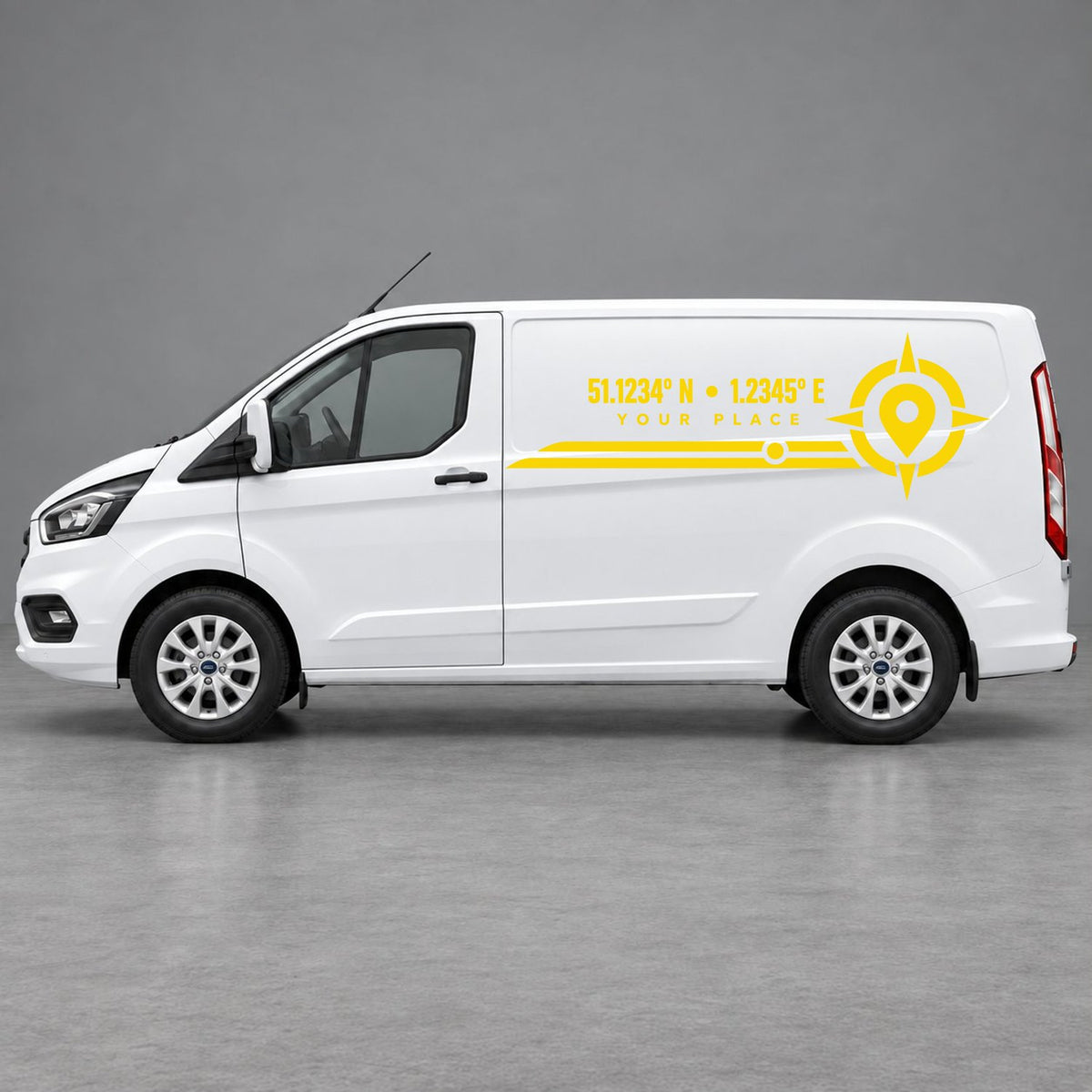 Ford Transit Custom Personalised Coordinates & Compass Side Graphics in Yellow