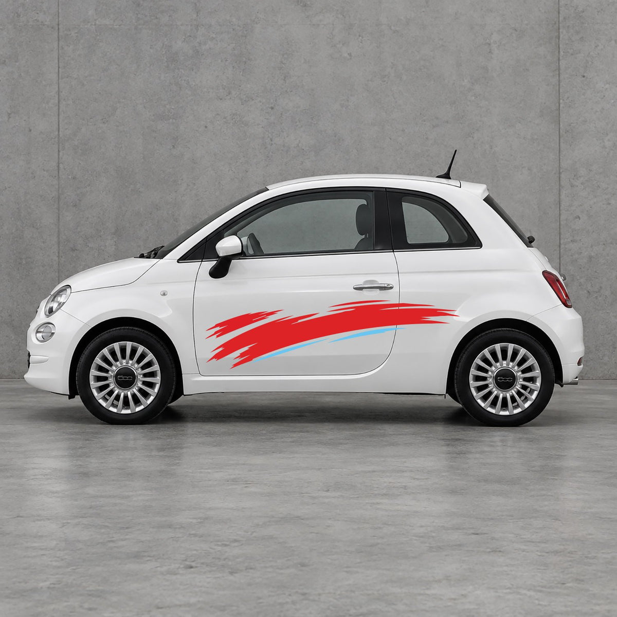Fiat 500 Italian Red Brush Side Graphics Kit - Pair Supplied in Light Blue & Red