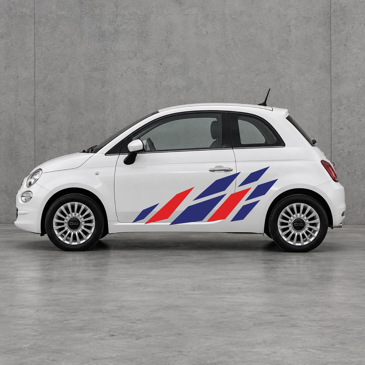 Fiat 500 Racing Flag Side Graphics Kit - Pair Supplied in Navy Blue & Red
