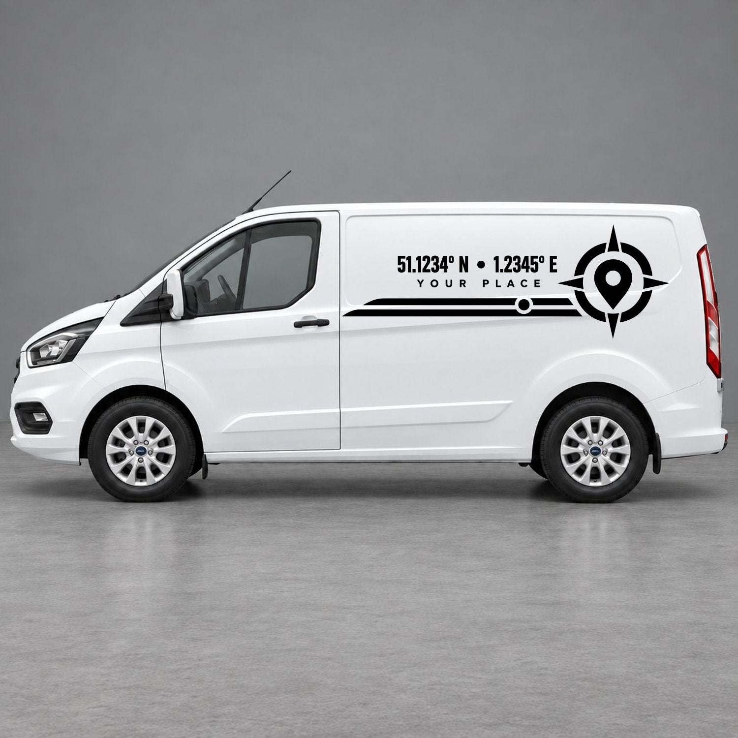 Ford Transit Custom Personalised Coordinates & Compass Side Graphics in Black