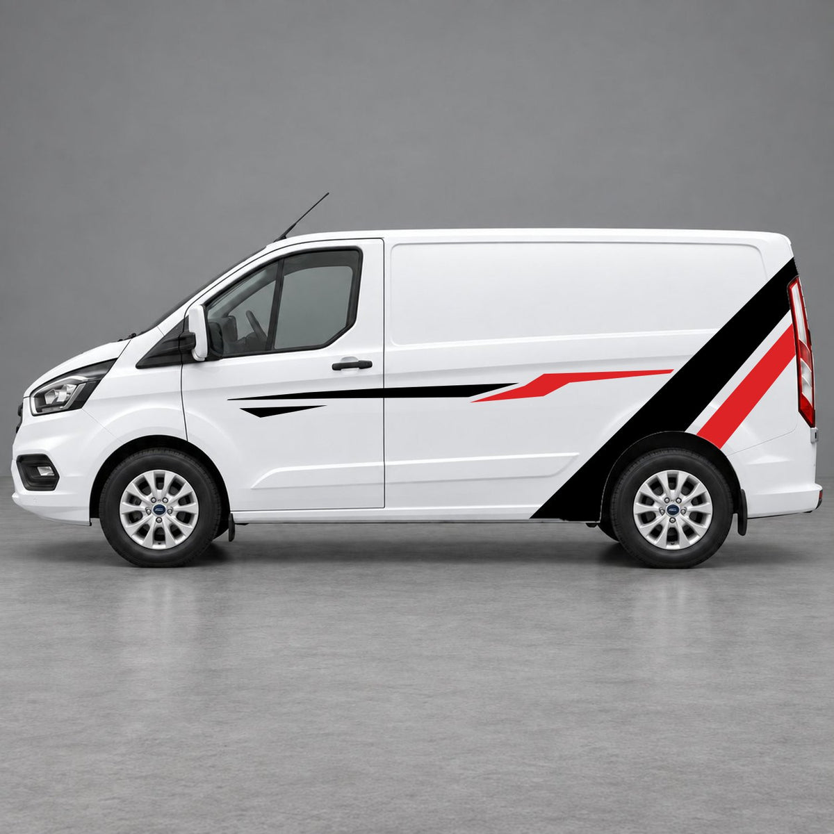 Ford Transit Custom Bold Rear Diagonal Side Stripes in Black & Red