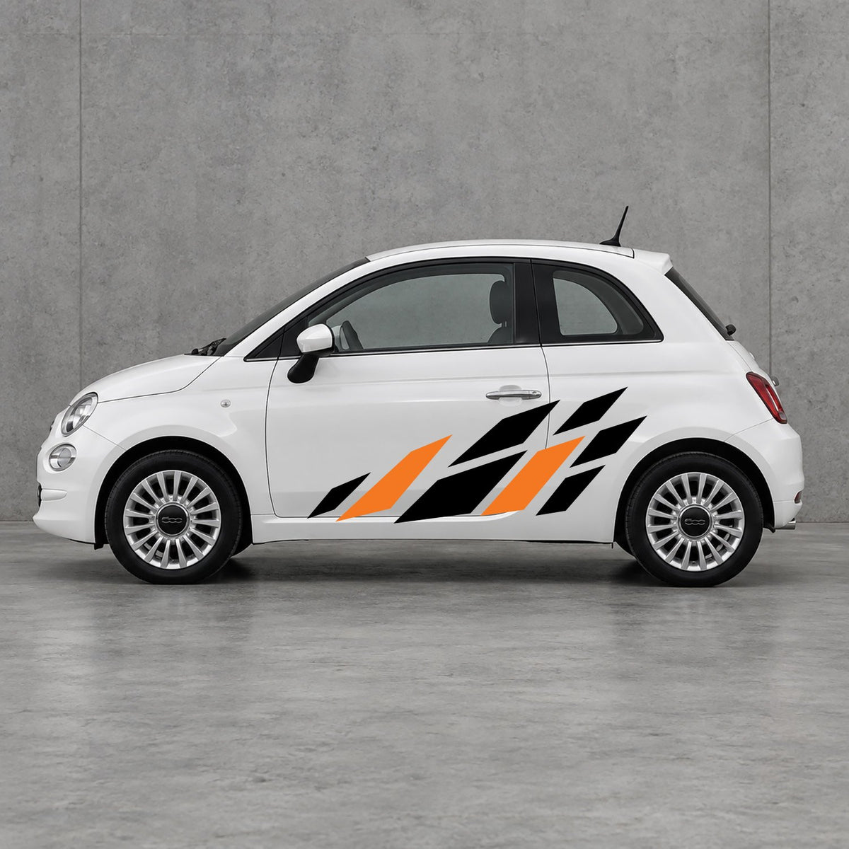 Fiat 500 Racing Flag Side Graphics Kit - Pair Supplied in Black & Orange