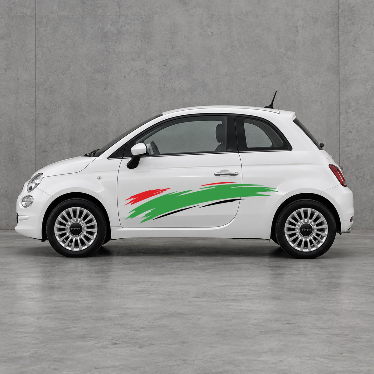 Fiat 500 Italian Red Brush Side Graphics Kit - Pair Supplied in Black & Green