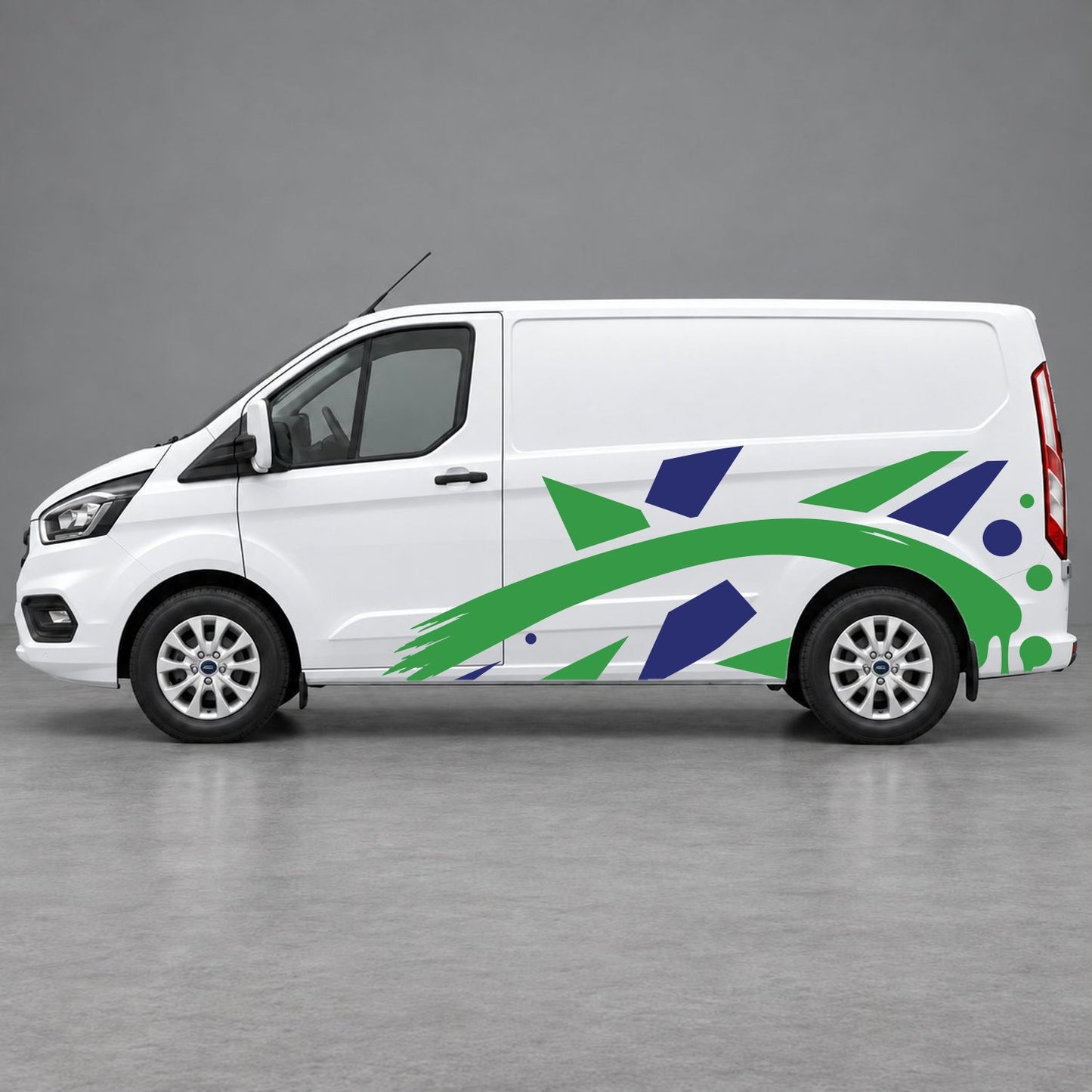 Ford Transit Custom Abstract Geometric Splash Side Graphics in Navy Blue & Green