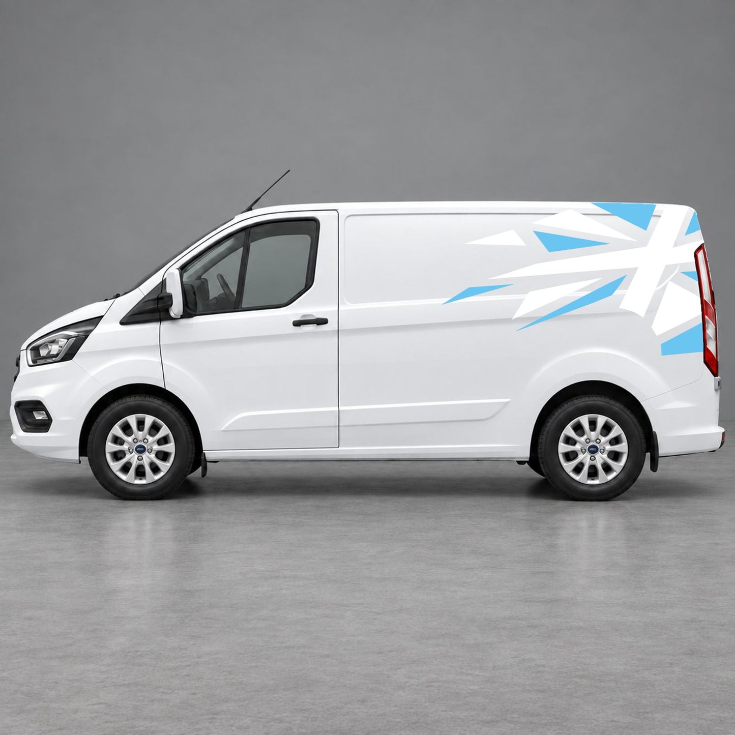 Ford Transit Custom Shattered Union Jack Side Graphics in Light Blue & White