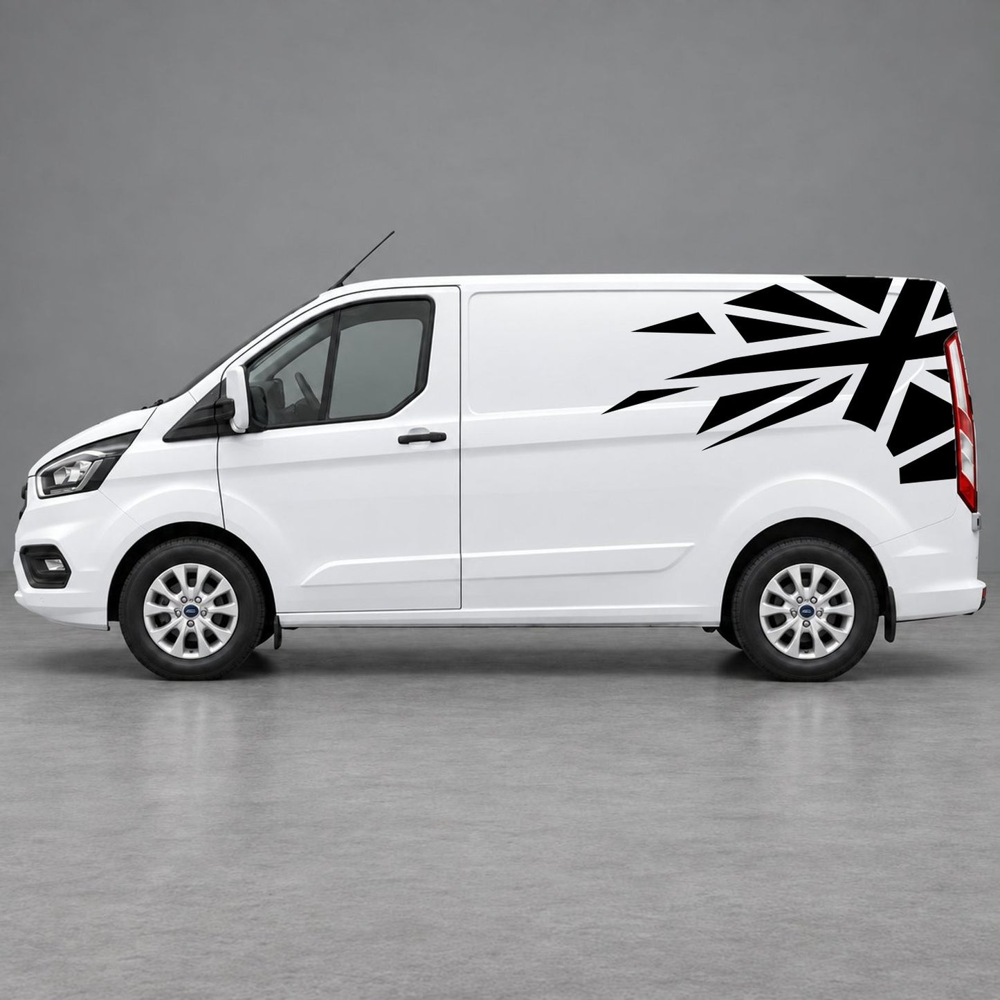 Ford Transit Custom Shattered Union Jack Side Graphics in Black & Black