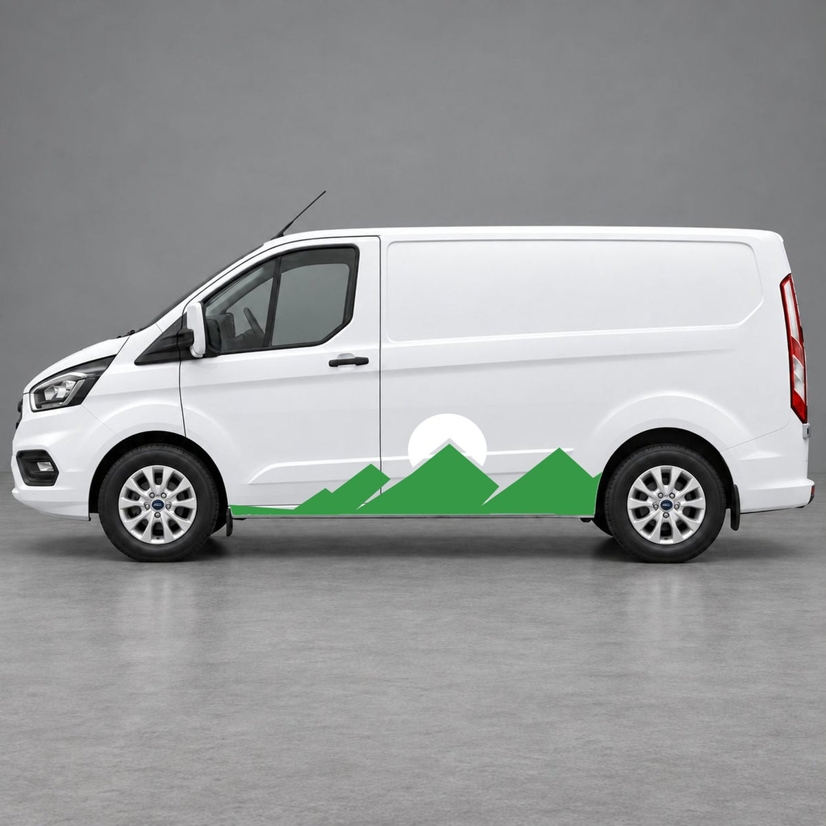 Ford Transit Custom Minimal Mountain Peak Side Graphics in Green & White